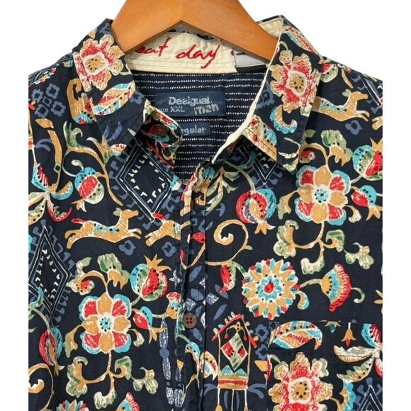 Desigual Man Button Down Shirt Colorful Tropical Elephant Artsy Size XXL Regular - Picture 2 of 10